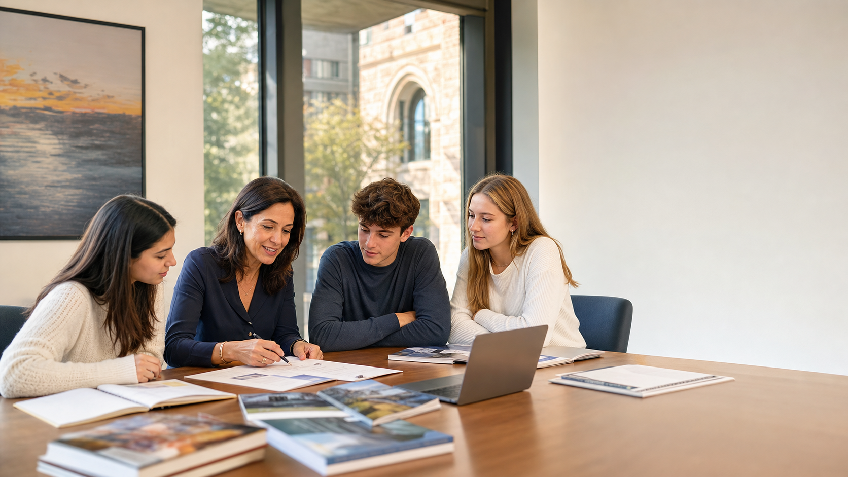 Students reviewing a college admissions plan with an advisor