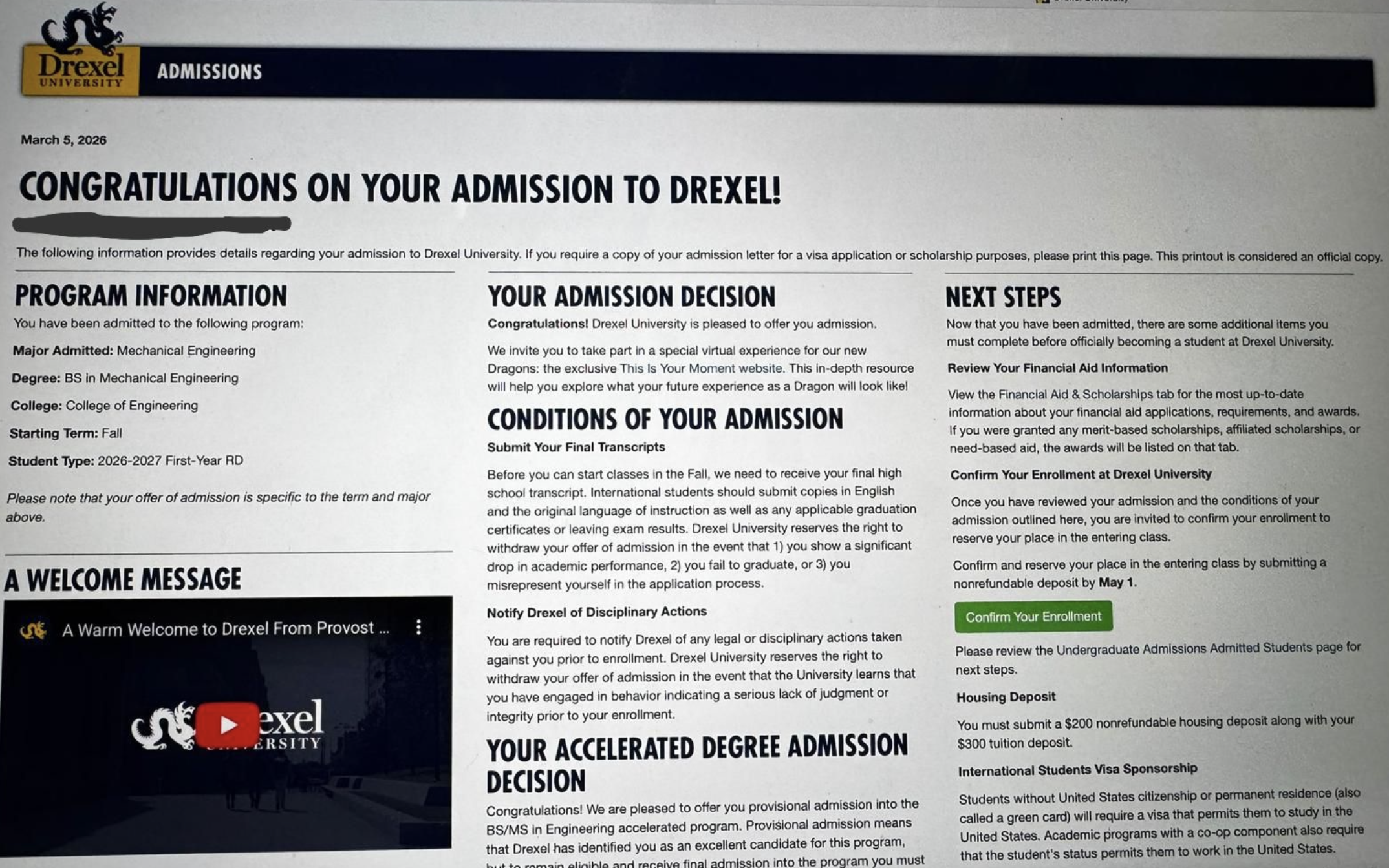 University acceptance result 07